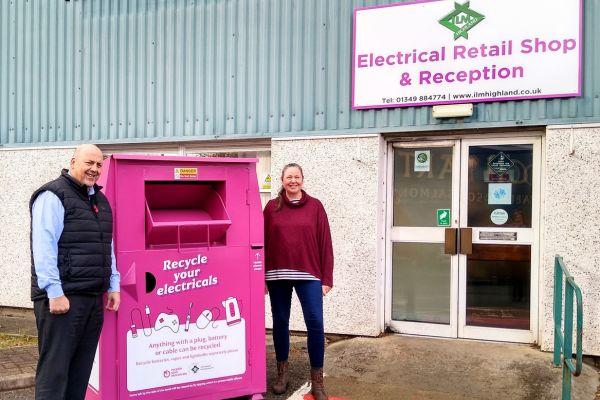 Martin Macleod, CEO and Claire Weaver, BDM next to one of ILM Highland’s recently funded new Small Electrical Recycling and Reuse banks.