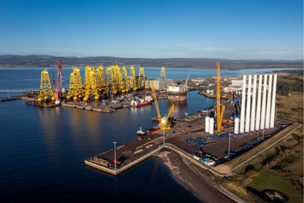 Port of Nigg, which has been awarded custom site status as part of Inverness and Cromarty Firth Green Freeport. It paves the way for even great numbers of heavy engineering components, like these foundation jackets and turbine towers, to pass through the port.