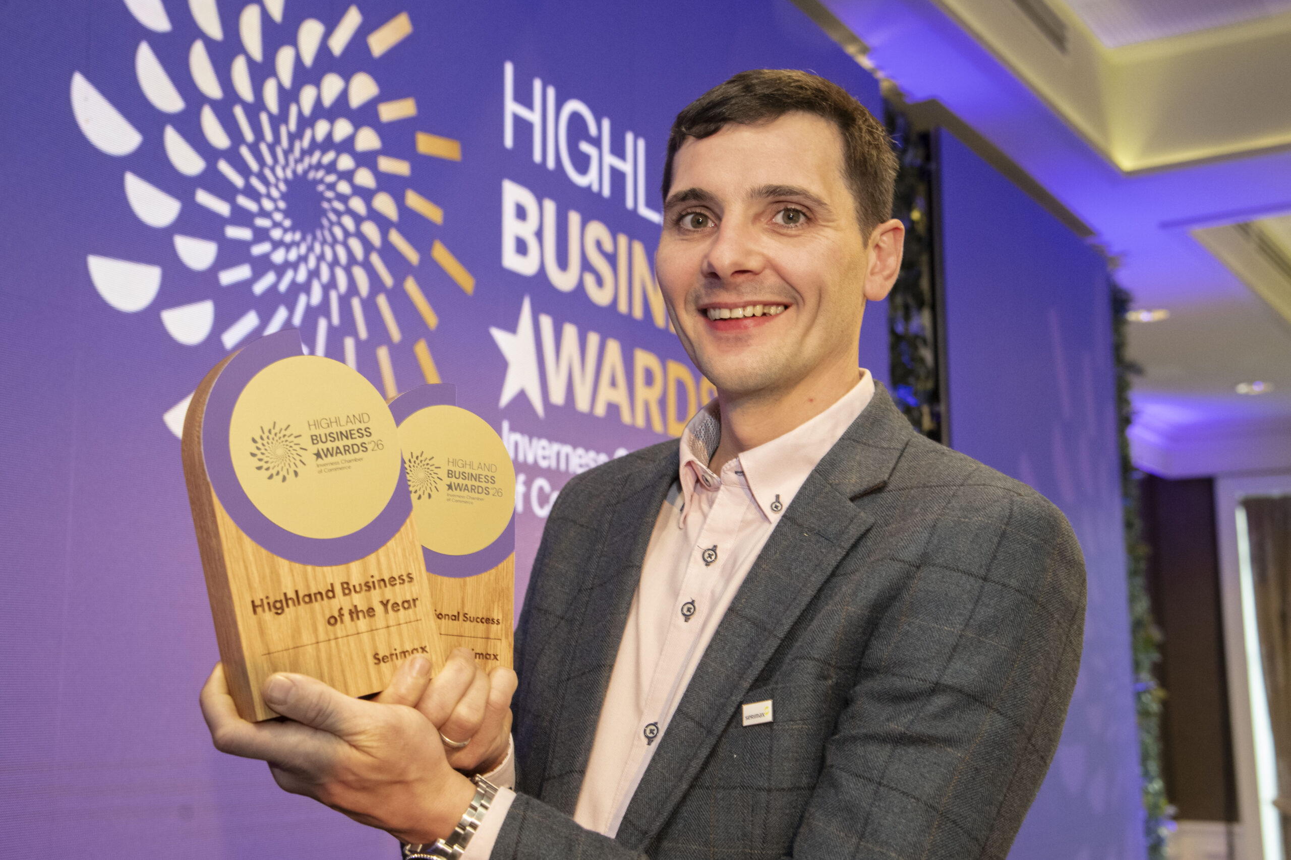 Serimax's Murdo MacAngus, commercial and operations development director, accepted the Highland Business of the Year and International Success awards on behalf of the business at the Highland Business Awards 2026